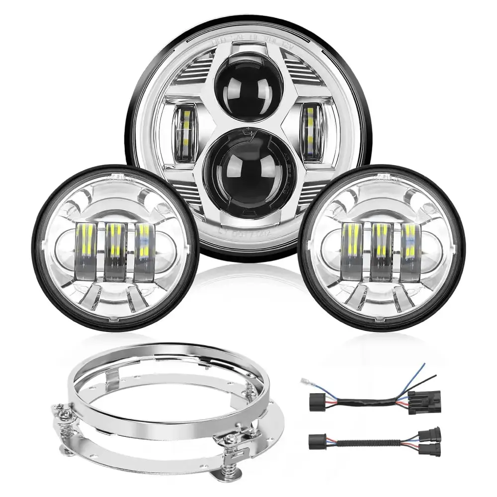 Nilight Motorcycle Headlights & Fog Lights Kit Set, 7-in DRL LED, 4.5-in Chrome, 12V, 1080lm Per Unit, Cooling Design, Plug & Play, Aluminum Alloy, IP67 Waterproof, H4 to H9, for 2000-2017 Fatboy FLSTF, Tri, Street Glide, Road King, Night Riding, Motorcyc