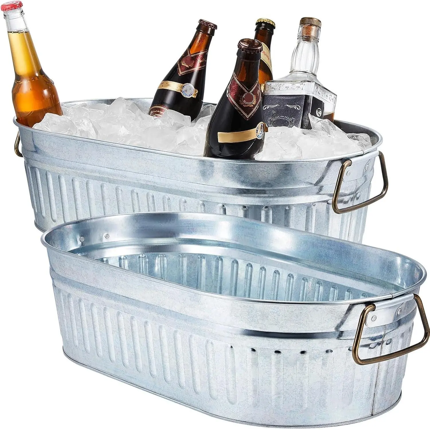 2 Pcs 5.3 gallons Galvanized Beverage Tub Galvanized Bucket Metal Ice and Drink Bucket with Handles Tub for Parties Farmhouse Home Pool Bar (Silver)