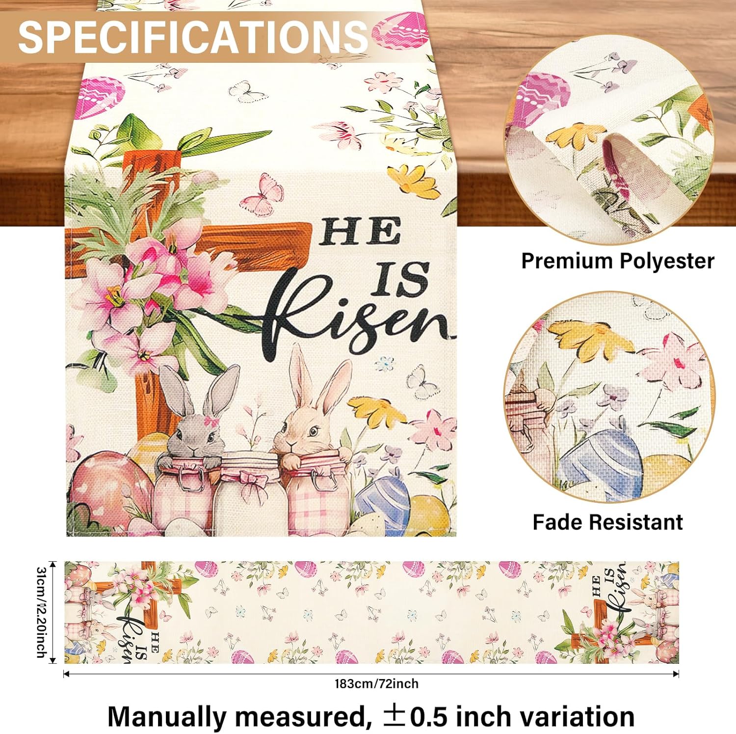 Easter Table Runner 13*72 Inch, Easter Decorations for Table Decor, Bunny Table Runner with Cross Flower, He is Risen Decors Spring Kitchen Dining Table Decor for Home
