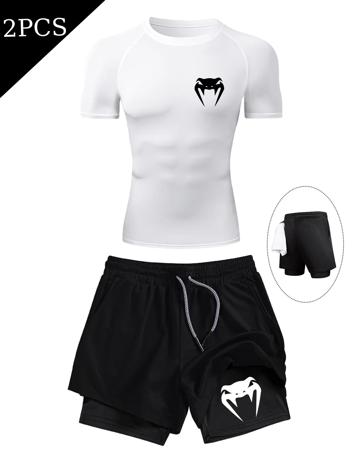 Snake Head Print Men's Two-Piece Sports Compression Quick-Dry Set, High Elastic Gym and Outdoor Workout, Fitted T-Shirt and Double Layer Drawstring Shorts, Quick Dry Outfits, Sport Clothing, Quick Dry Activewear