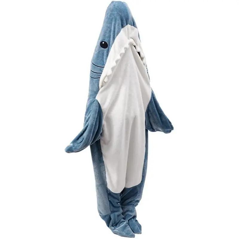 Shark Hooded Blanket Long Sleeve Adult Shark Kigurumi Wearable Shark Throw Blanket Soft One-Piece Shark Loungewear Size 190X90cm