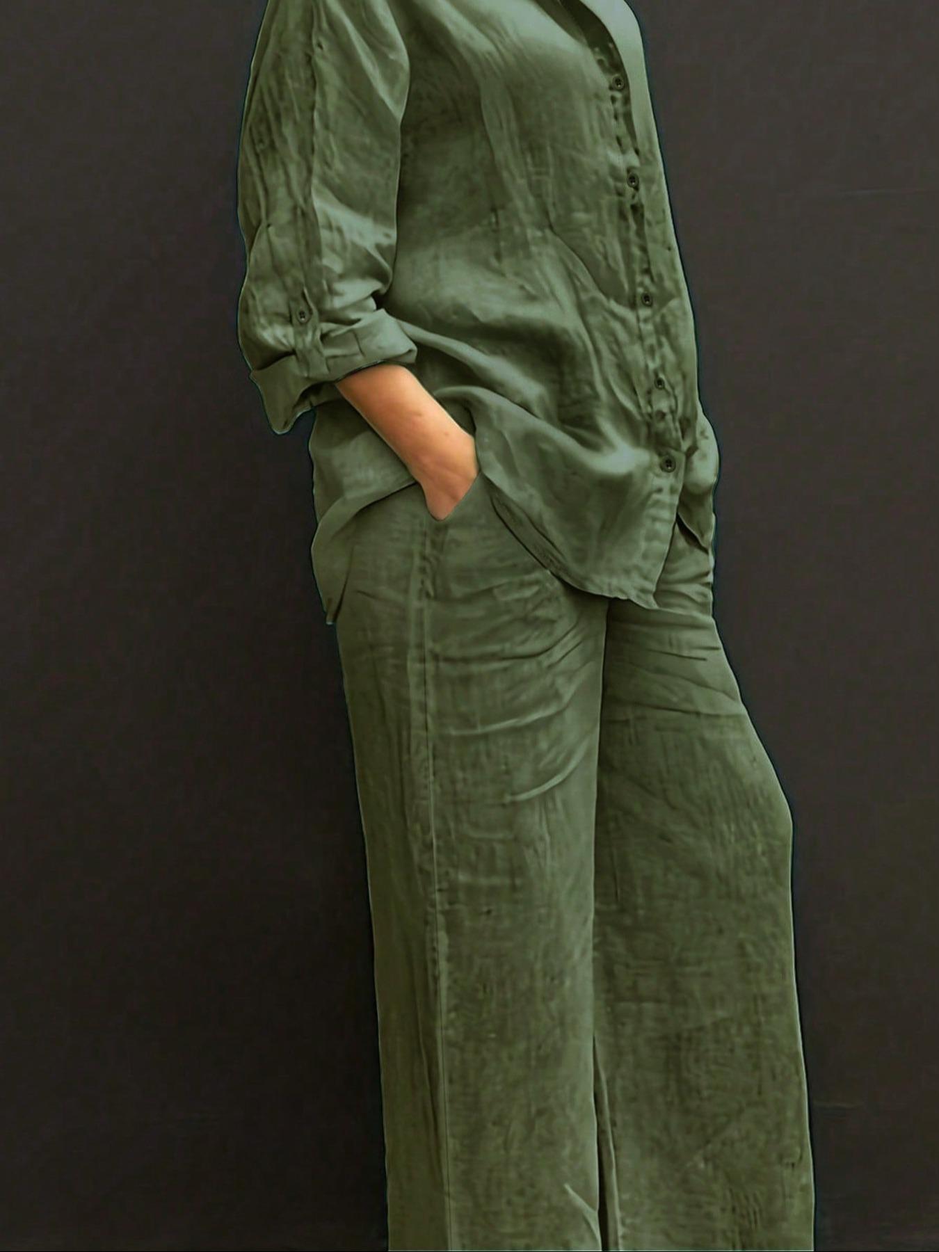 Women's Solid Color Long Sleeve Shirt & Wide Leg Pants Set, Casual Fashion Cozy Breathable Two-piece Outfits for Daily Outdoor Wear, Women Clothes for Spring Fall