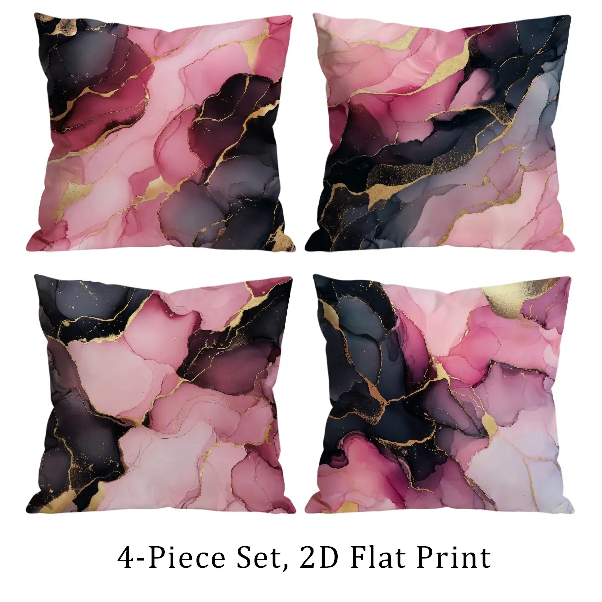 Set of 4 Pink Black Gradient Gold Ink Fluid Marble Luxury Throw Pillow Covers, 2D Flat Print, Decorative Cushion Cases for Sofa, Living Room, Bedroom & B&B 0623YP