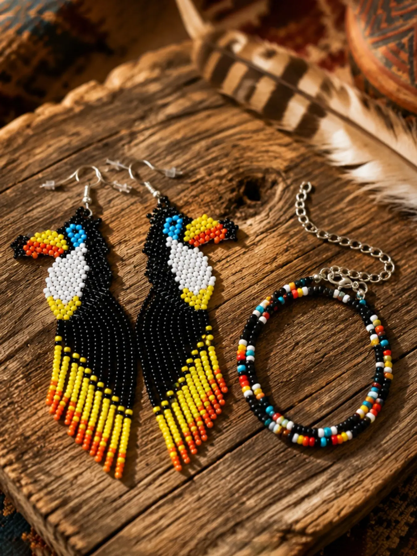 Boho Native American Toucan Beaded Earrings & Necklace Set, Handmade Seed Bead Detailing Tassel Dangle, Southwestern Tribal Theme Statement Jewelry for Women