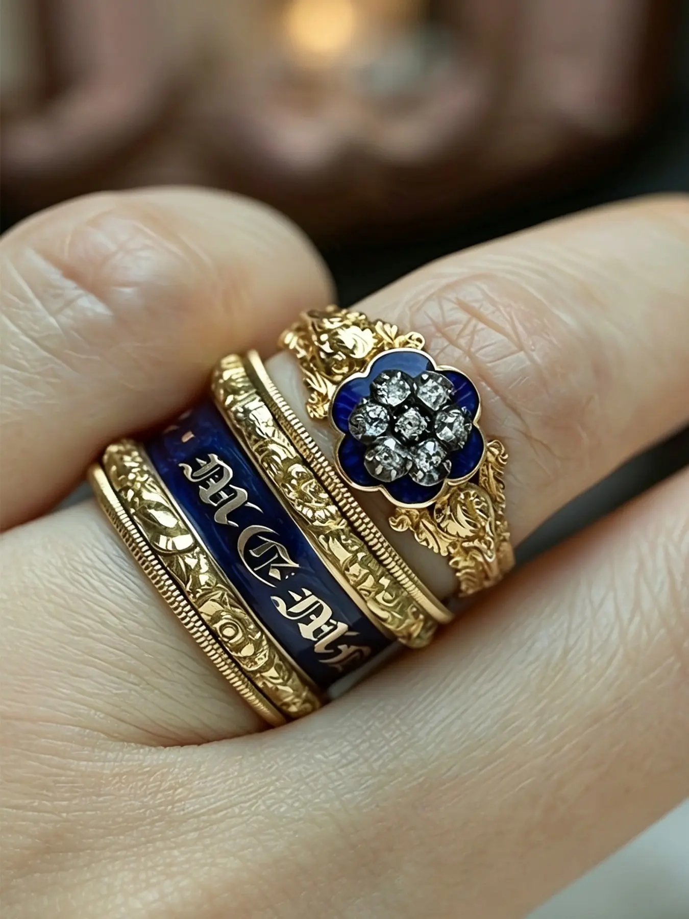 2Pcs Vintage Blue Enamel Stackable Ring Set, Floral Zircon Inlaid & Gothic Letter Embossed Layering Finger Rings, Retro Victorian Fashion Jewelry for Women, Vintage Inspired Ring, Floral Design Ring