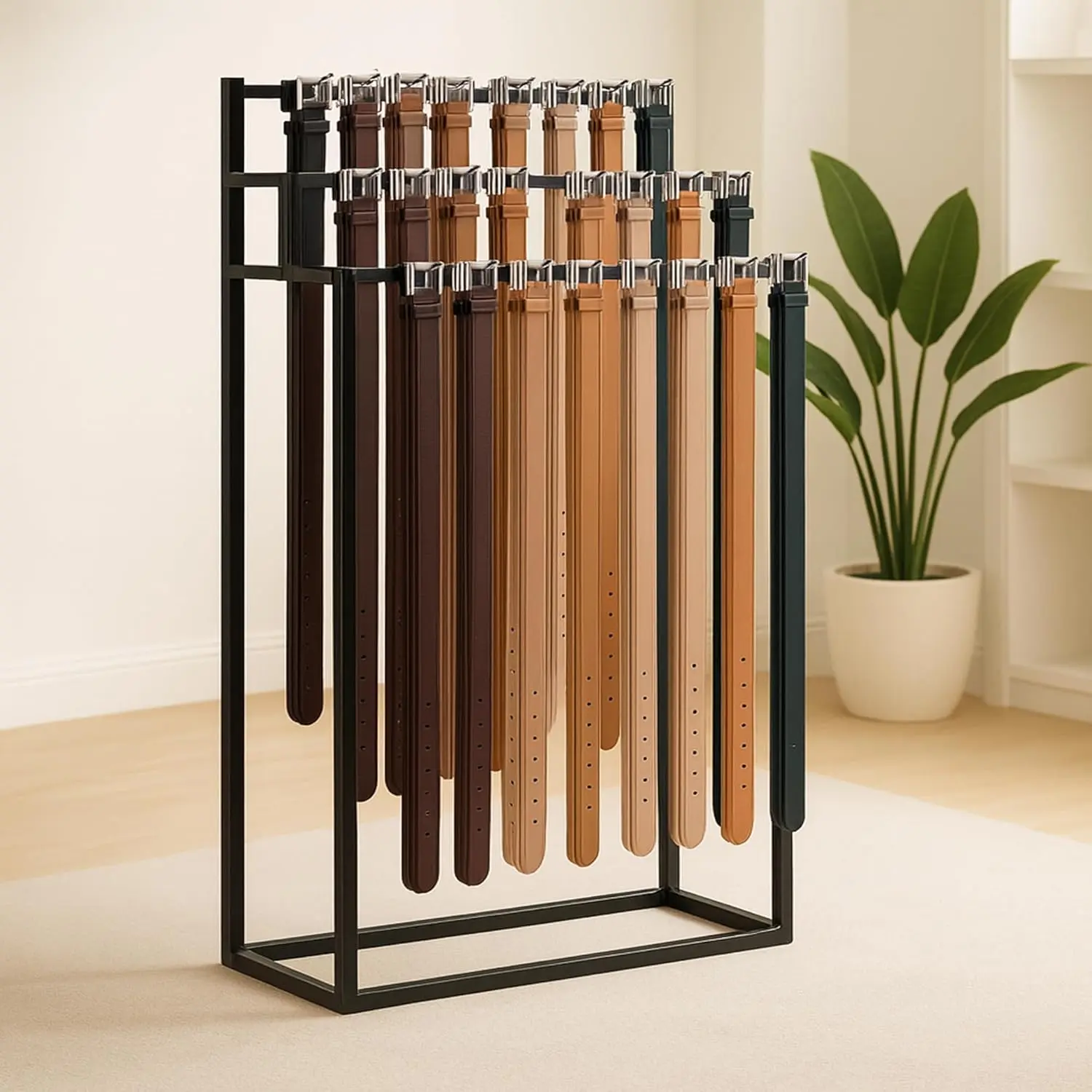 Black Metal Floor Mounted Belt Display Stand - Commercial Men's Belt Organizer Hanger, Suitable for Tie Scarf Display, Ideal for Clothing Retail and Home Use, Black