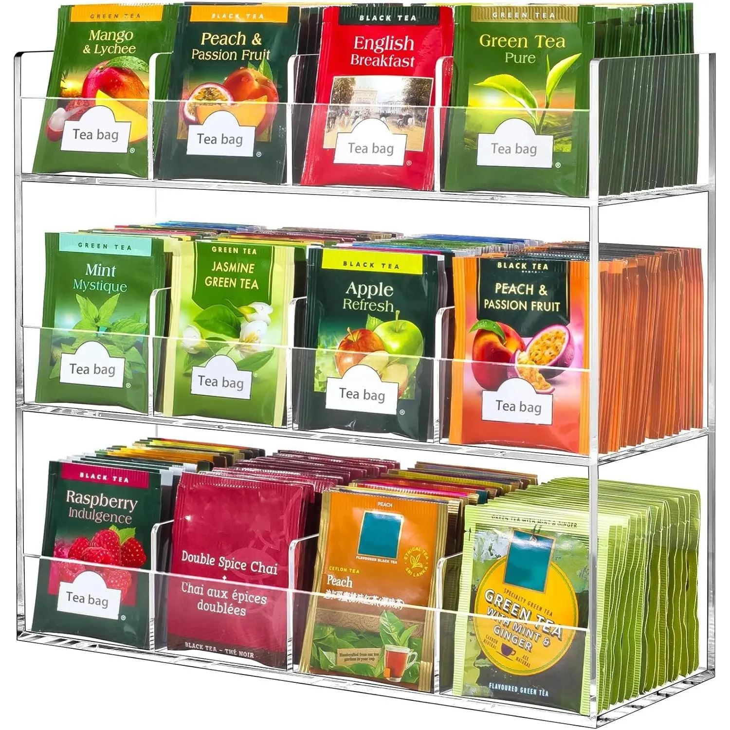 Acrylic Tea Bag Organizer for 216 Tea Packets | No Assembly Required Display Holder for Countertop, Vertical Tea Bag Caddy for Cabinet, Tea bar Accessories, Teabags Storage