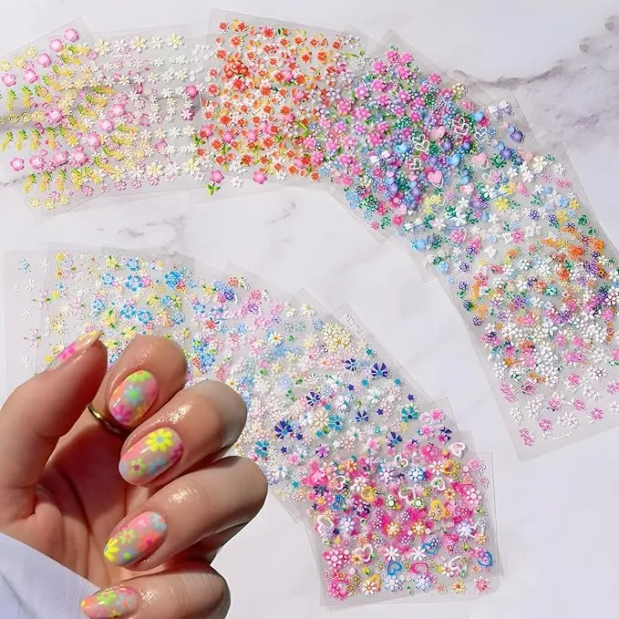 Colorful Cute Daisy, Floral, Heart, Flower Nail Art Stickers Decals, 10-Sheets/ 30-Sheets Stickers 3D Self Adhesive Supplies, Bohemian Handmade Decoration Vibrant Nails Art Accessories Decals