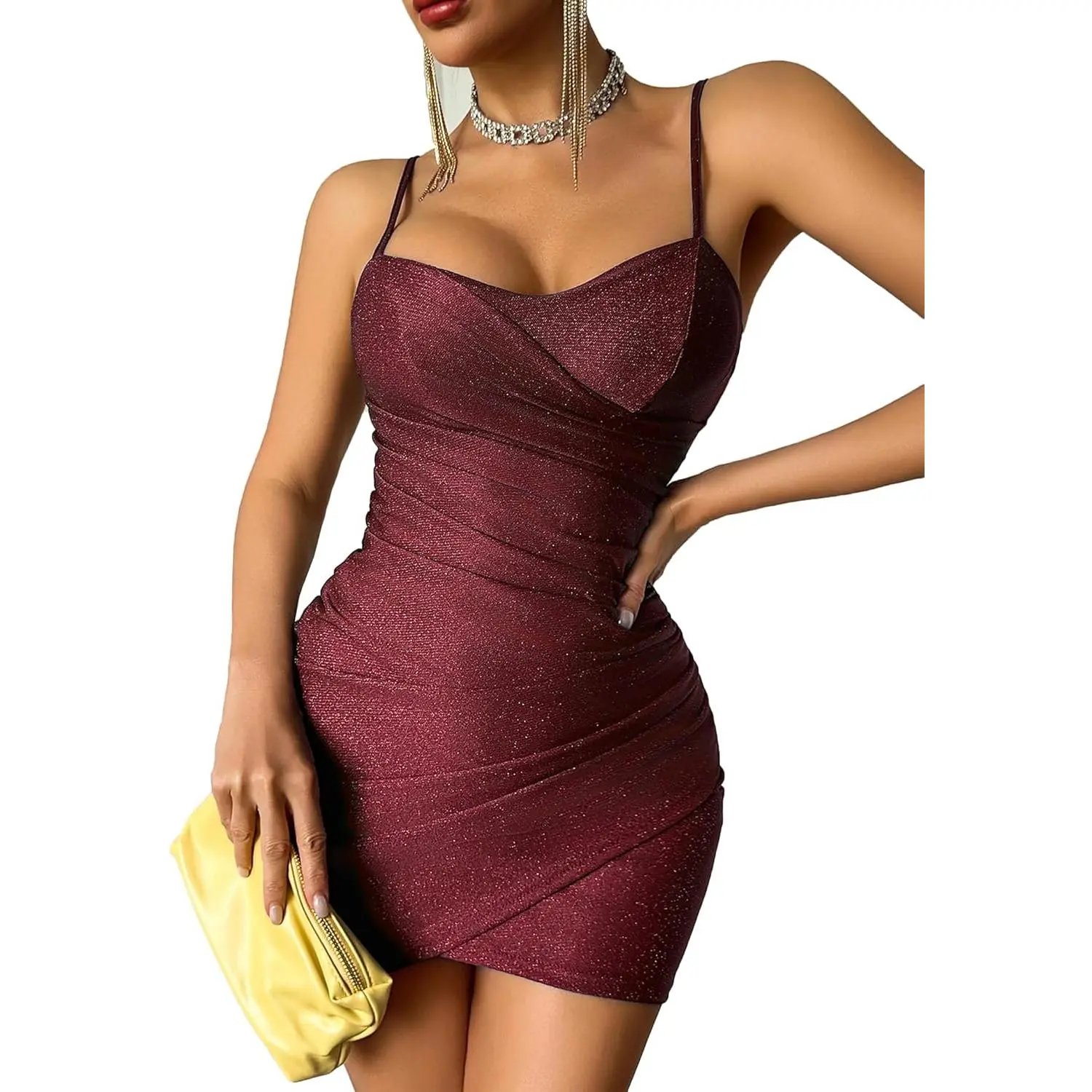 Lady's Sleeveless Glitter Bodycon Mini Dress, 2026 Women's Cross V-Neck Spaghetti Strap Ruched Clothes for Party Club Night Out, Bachelorette Party, Skin-Tight, Sparkly Fabric, Sexy