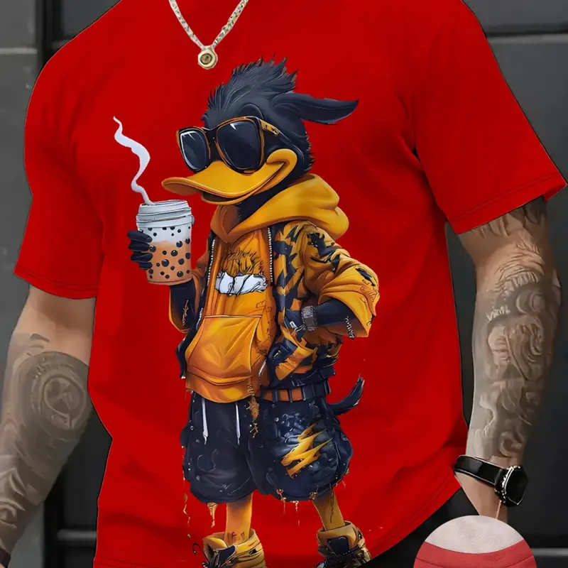 Men's 3D Cartoon Coffee Pattern T-Shirt Tops, Casual Fashion, Casual Graphic Tee, Breathable Mesh Fabric, Long Sleeve, All Seasons, Outdoor and Sports Wear