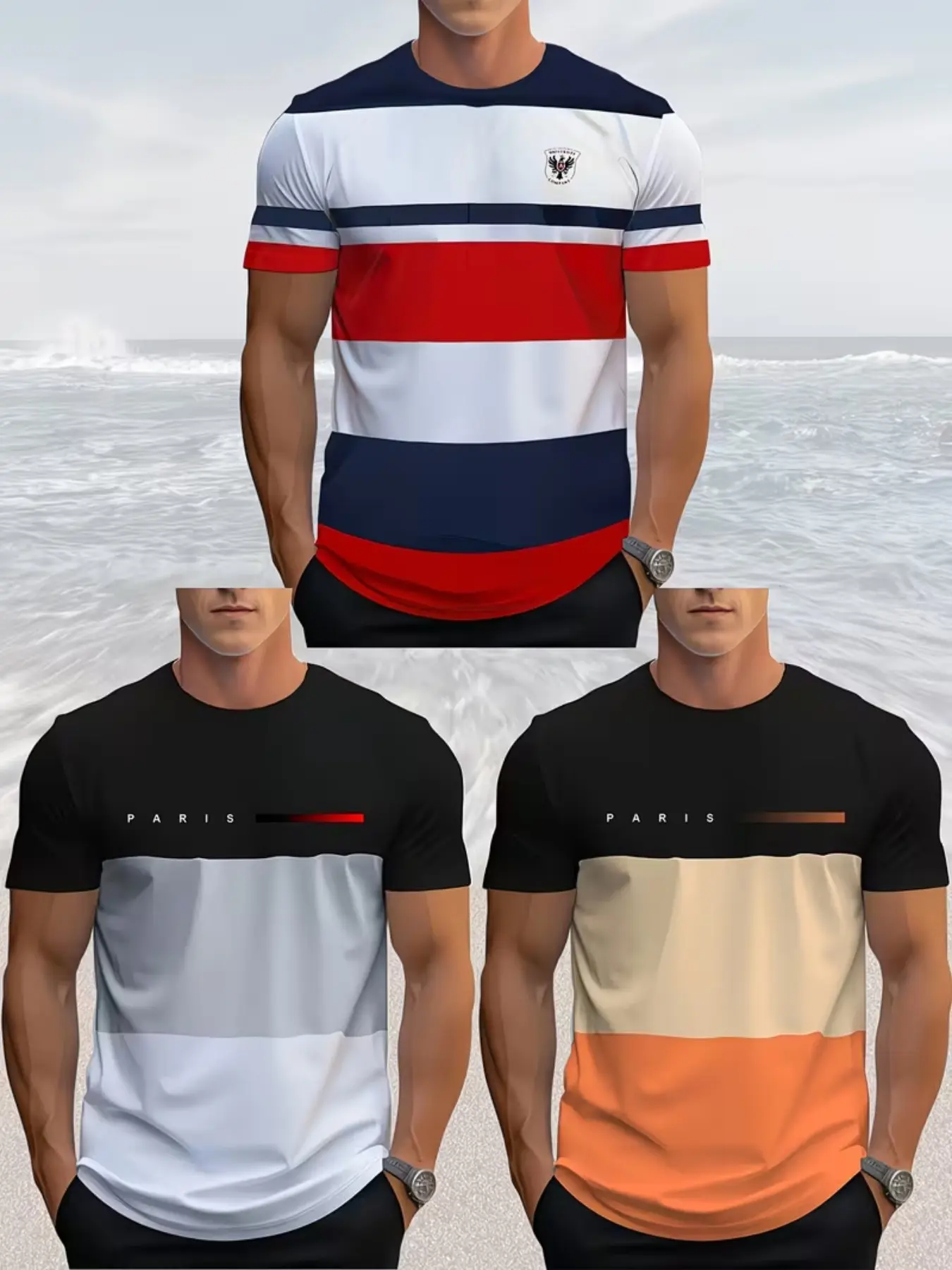 Men's 3-Pack Striped T-Shirts, Summer Breathable Short Sleeve Tops, Casual Slim Fit, Comfortable Daily Wear, High Value Choice