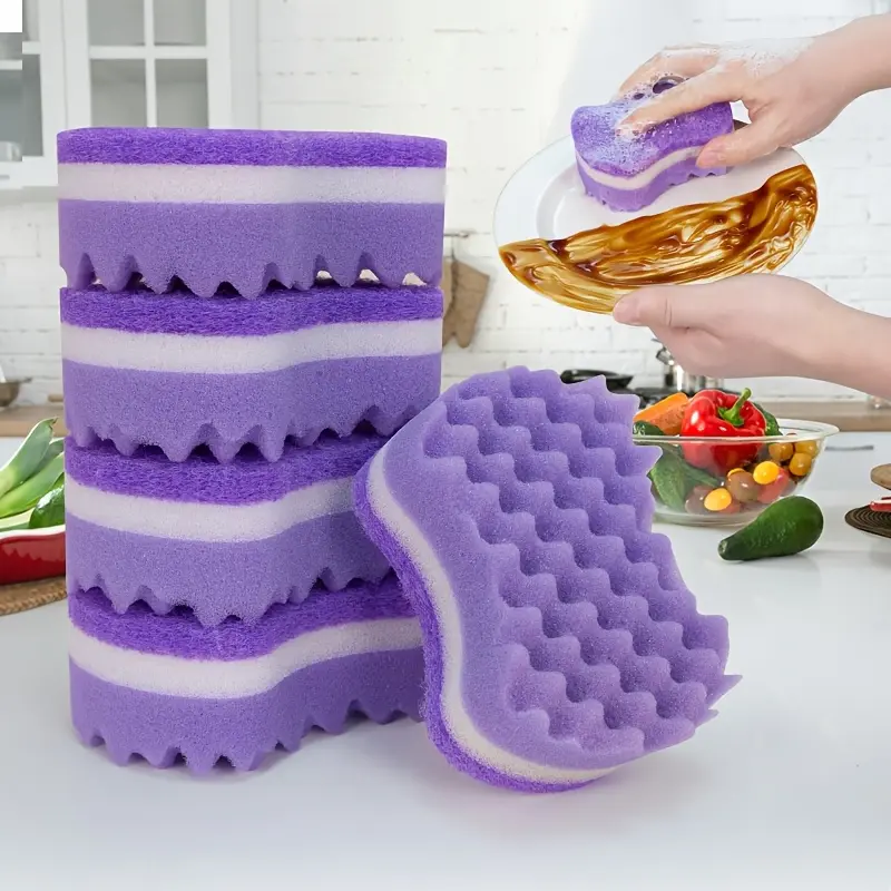 [Soft Absorbent Quick-Drying] Purple Three-Layer Wavy Sponge Wipe, Soft And Skin-Friendly Thickened Design, Layered Structure, Durable And Not Easy to Deform, Rounded Corners Do Not Hurt Utensils, Absorbent, Quick-Drying And Easy to Clean
