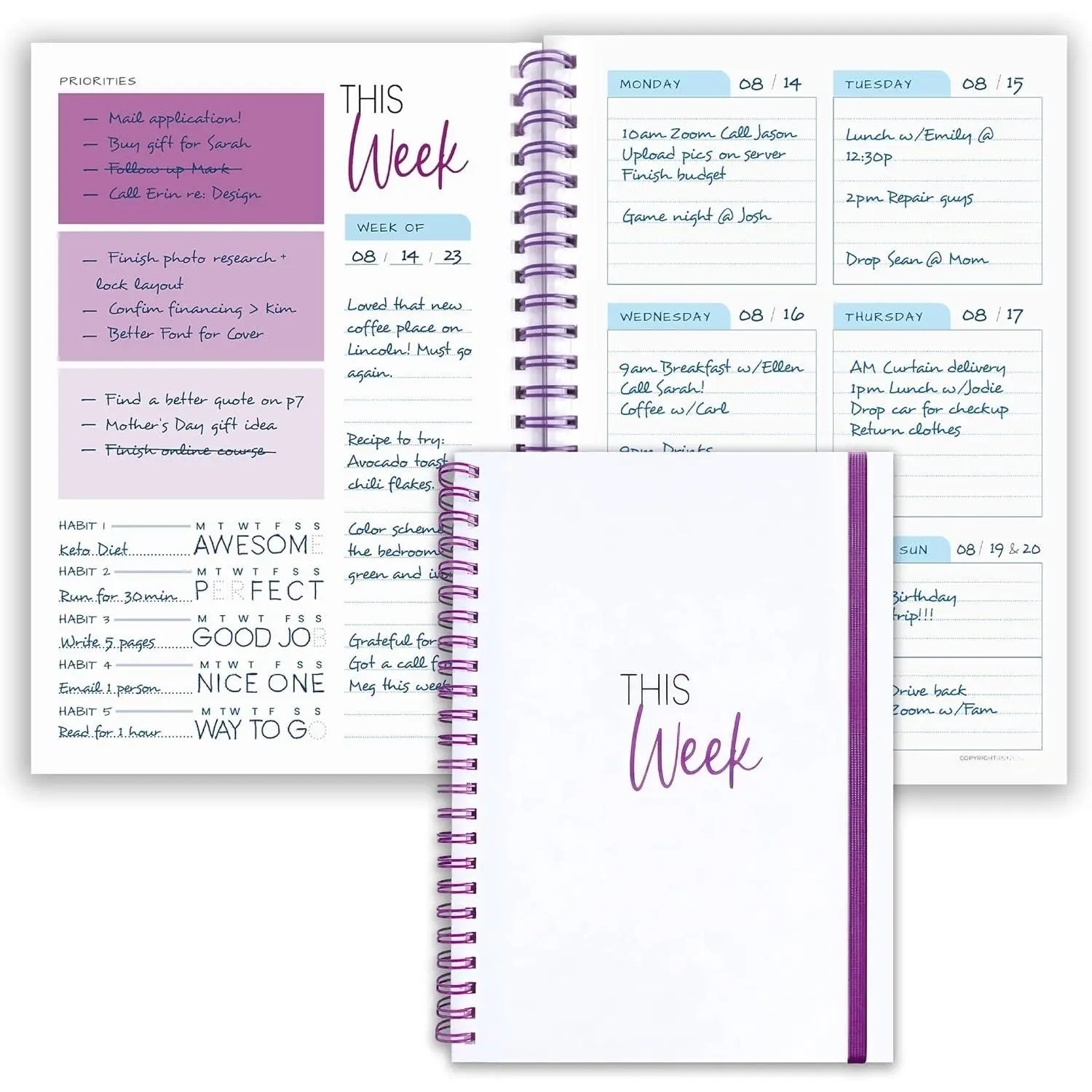 Weekly Planner Spiral Bound Notebook A5 - Undated Planner -  Notebook - Habit  - 52 Weeks - Daily Planner Undated for  Work Office Business - Cute Goal Planner ()