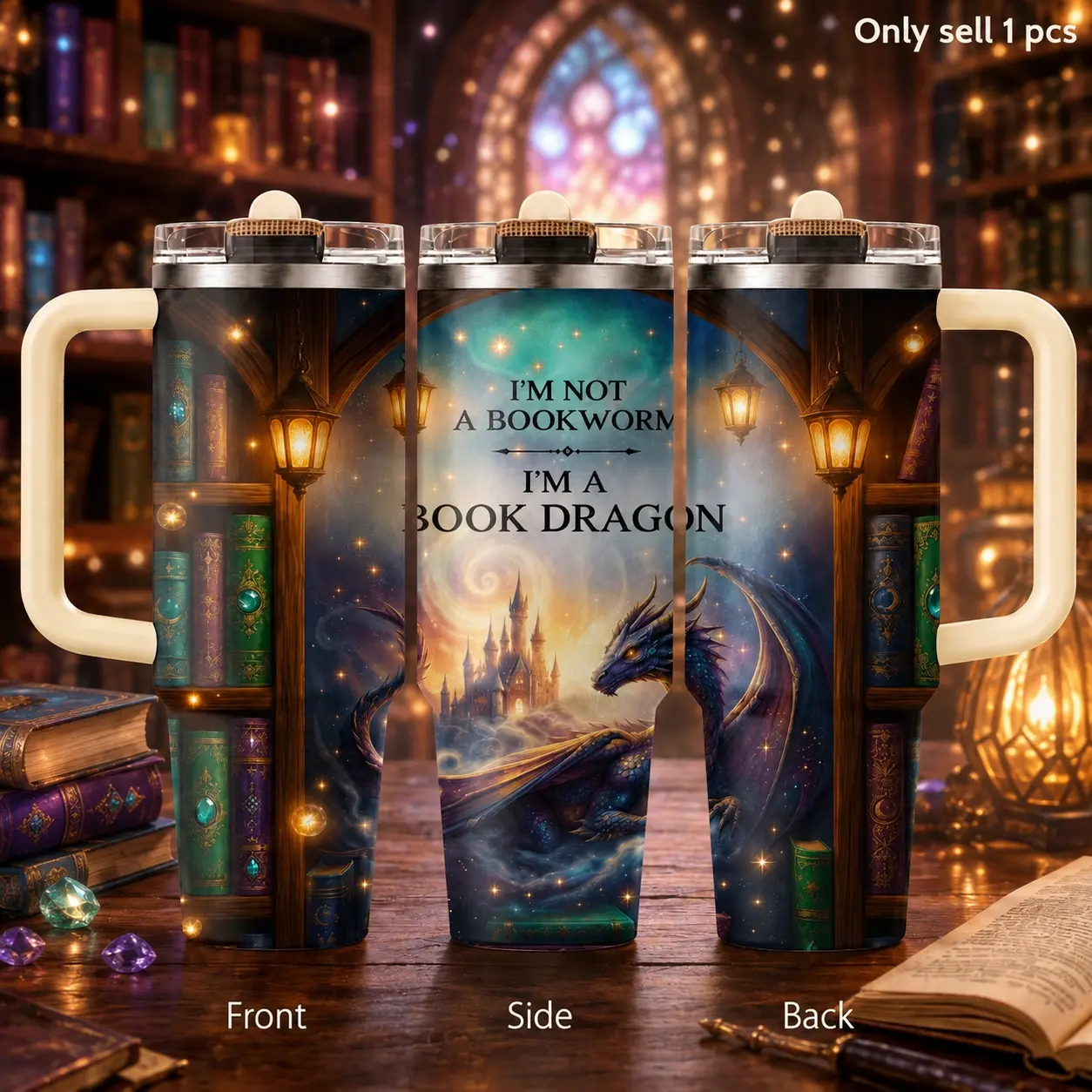 Magical Castle Dragon 40oz Tumbler – Fantasy Adventure Stainless Steel Insulated Cup with Handle & Straw Lid for Coffee, Water, Reading Time, Office, Gym, Road Trips, Dragon Lover Gift