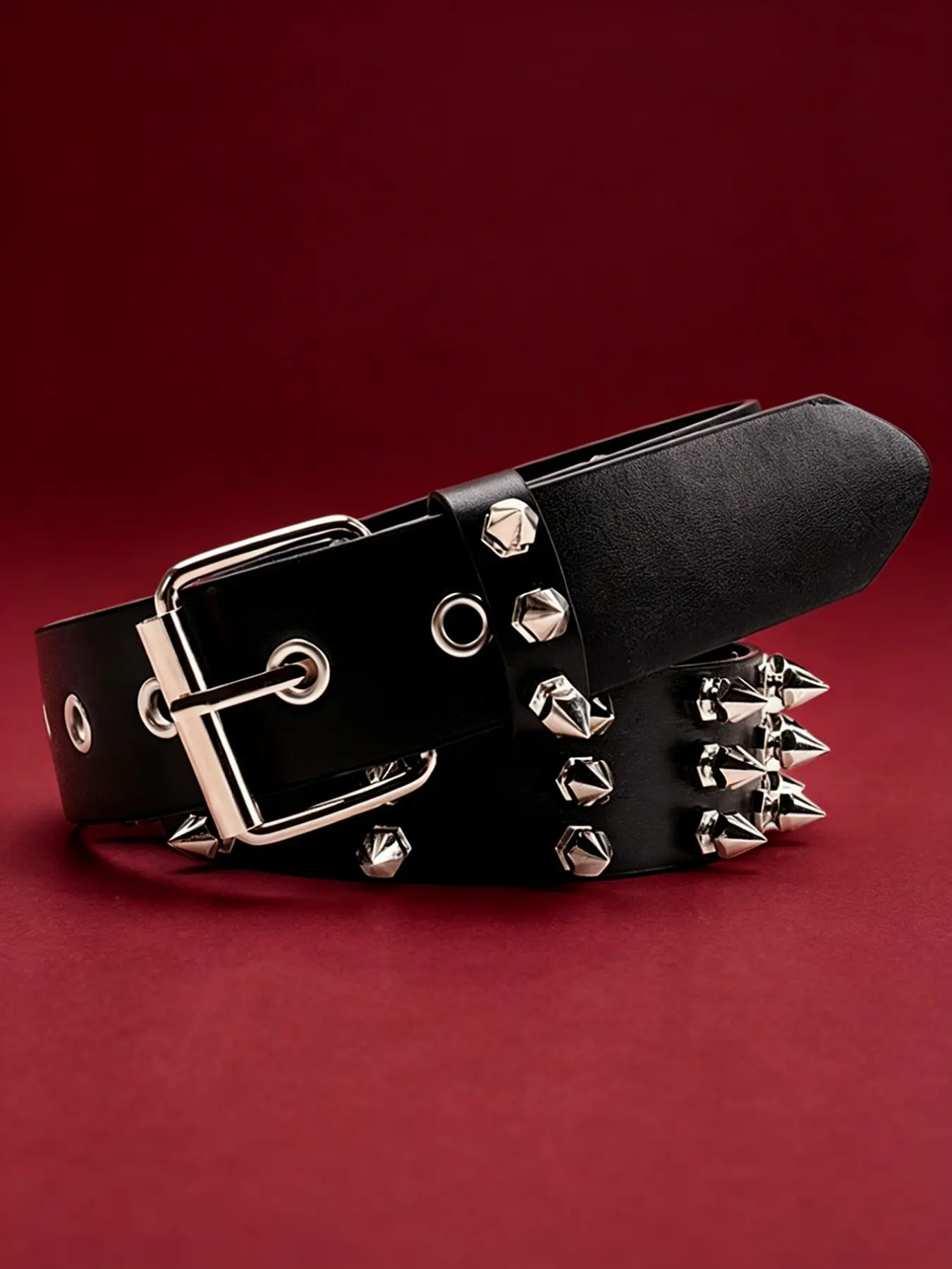 Women's Gothic Punk PU Leather Belt, Fashion Belts, Cool Belts, Street Style Belt, Three Row Rivet Sharp Spike Design, Solid Color, European and American Style, Fashion Accessory