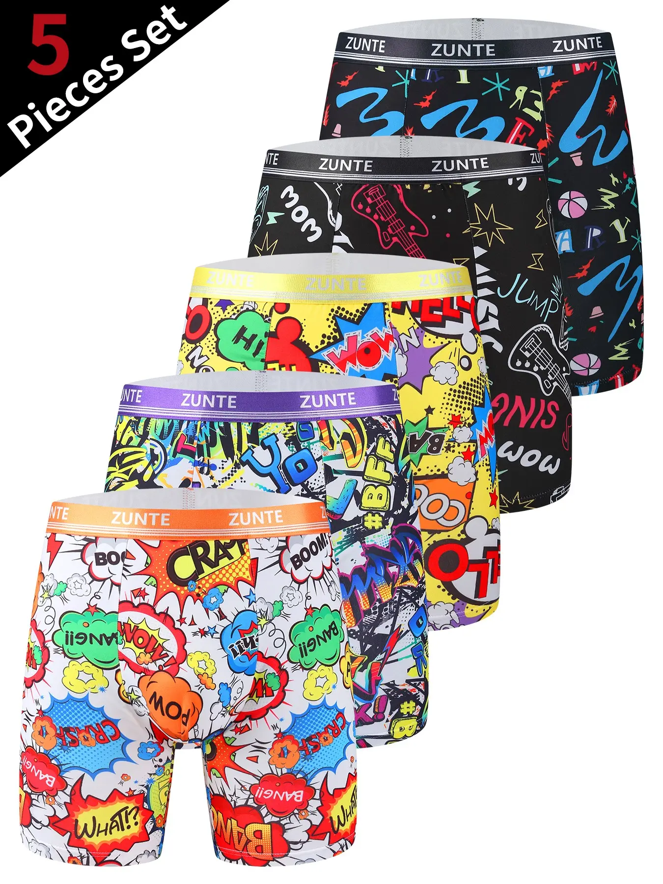 5 Pack Men's Assorted Prints Long Leg Stretchy Boxer Briefs, Moisture Wicking Quick Dry Breathable Underwear, Anti-Ride Up No Roll Stretch Seamless, Athletic Workout Gym Running Cycling, Loose Fit Plus Size All Season