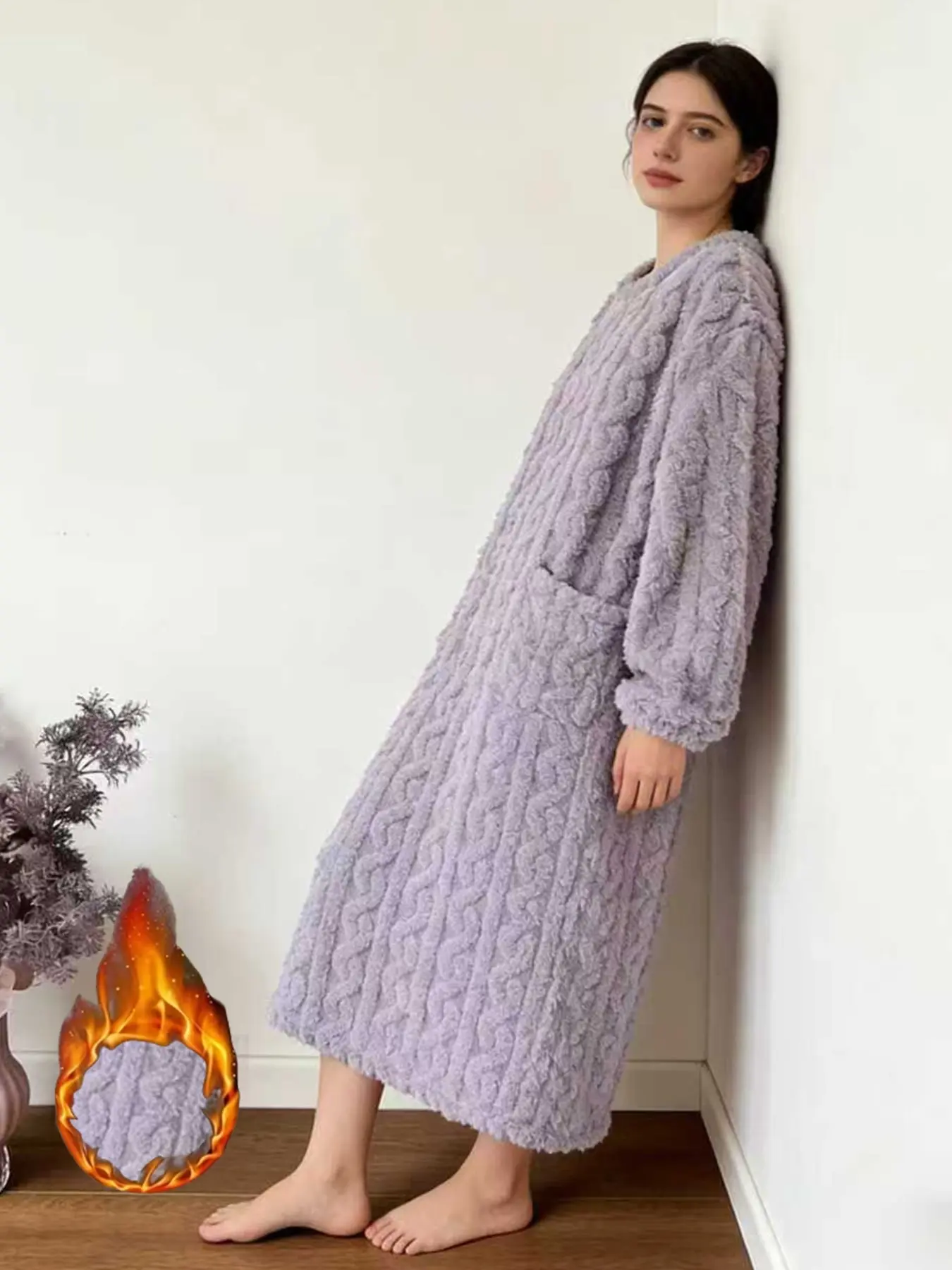 Multi-Color Wearable Thick Coral Fleece Nightgown, Pocket Knit Robe, Soft Comfortable Warm, Suitable for Home and Outdoors, Women, 1 Piece