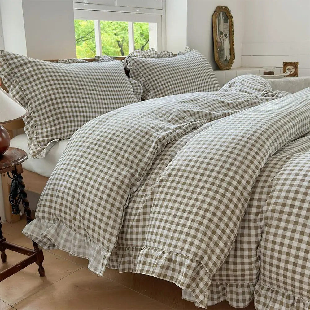 Tan Gingham Ruffle Queen Duvet Cover |   Soft Breathable Pre-Washed Microfiber Checked Bedding Set