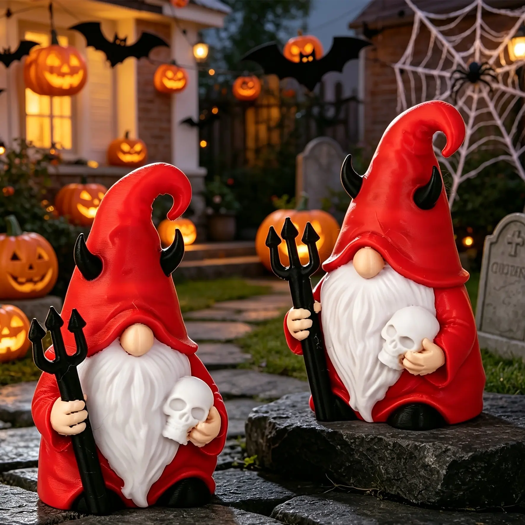 Halloween Robe Demon Gnome Ornament, Hat with Horns, Mini Skull Holding Hand, Dark Fun Statue for Desktop and Window Display