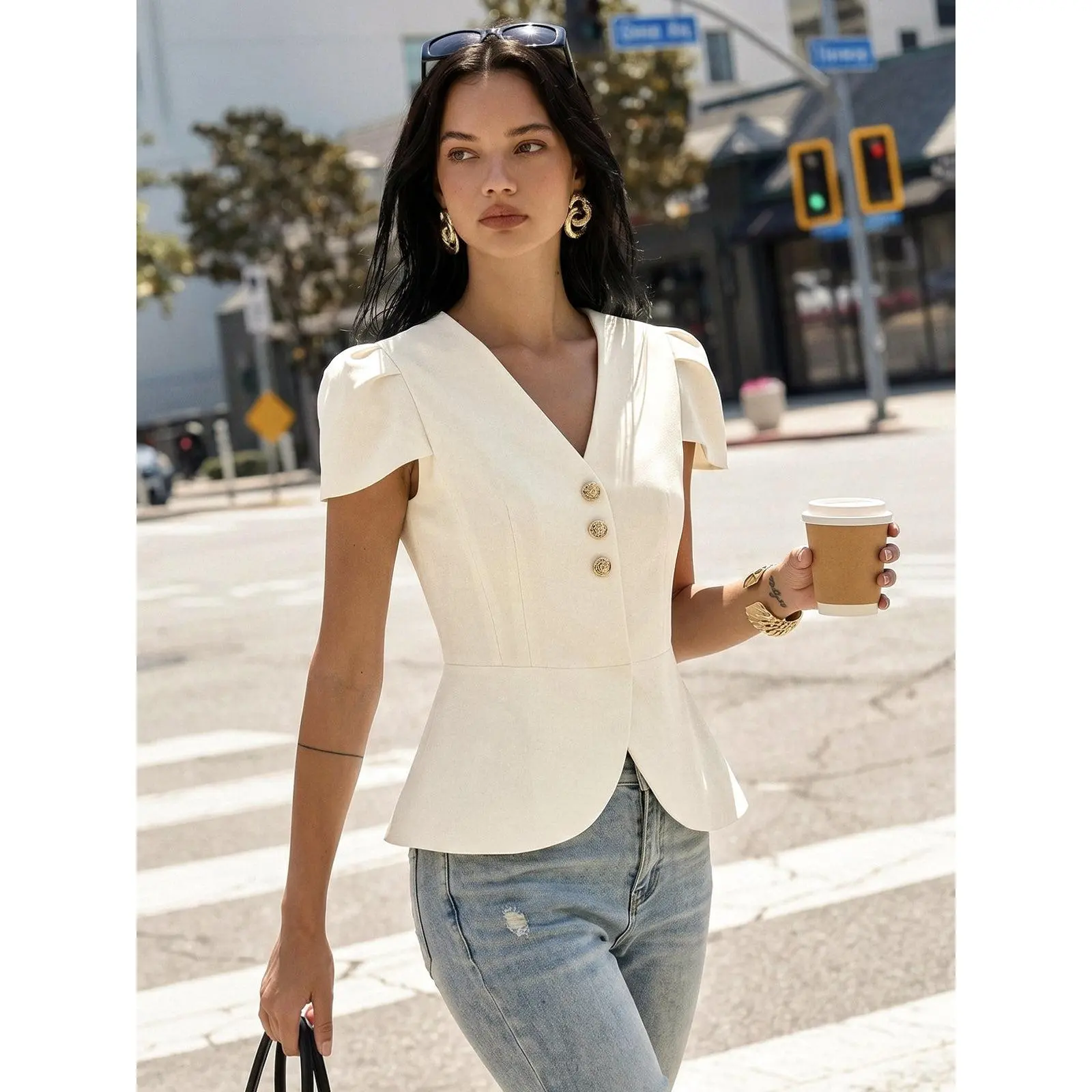 Women's Peplum Blouse, White Puff Sleeve V Neck Metal Button Top #sohochic