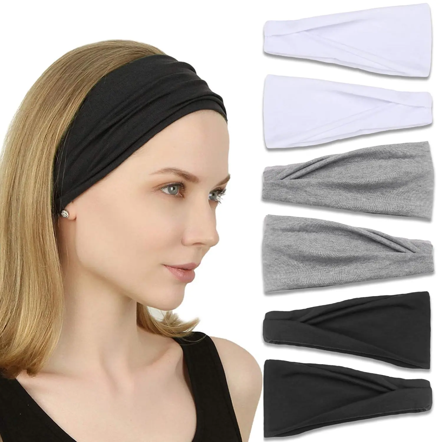 Headbands for Women, Non-Slip,  Stretchy  Bands Hair Accessories,Wear for Yoga, Fashion, Working Out, Travel or Running, 6 Pack, Black White Grey