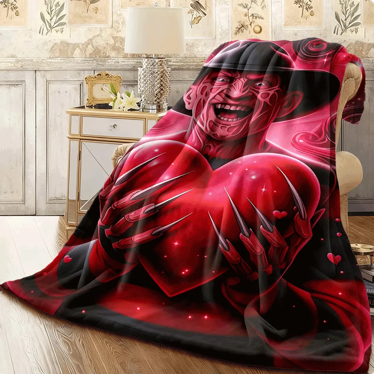 Freddy Krueger Holding Big Red Heart Valentine Horror Flannel Throw Blanket - Nightmare On Elm Street, Spooky Love, Anti-Pill, Spooky Glam, Wall Decor, Neon Print, Warm Gift for Horror Fans