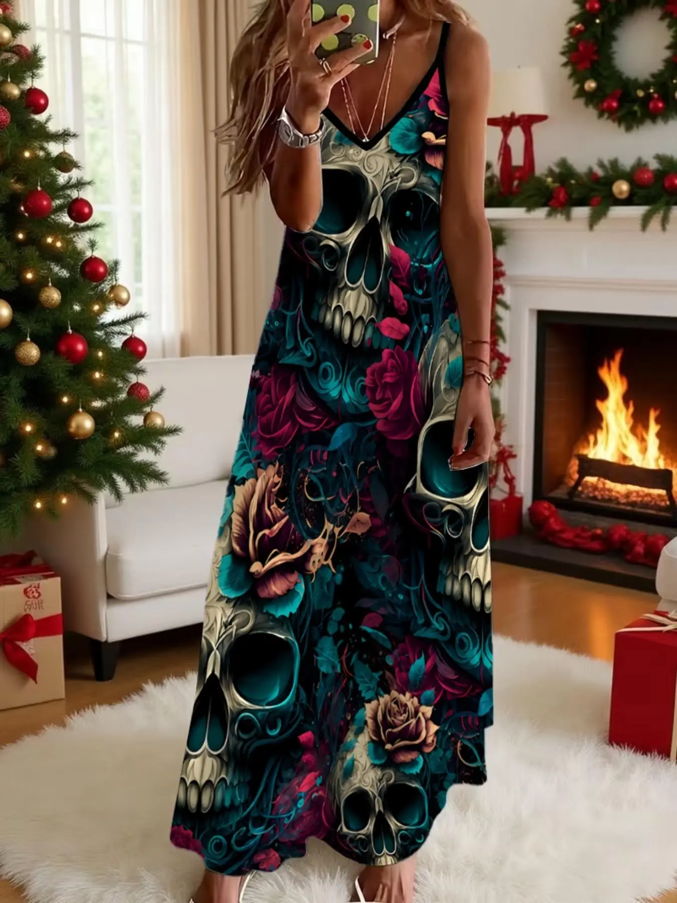 American Halloween Skull Print Halter Long Dress, Vintage Floral V Neck Sleeveless, Casual Below the Ankle Dress for Various Occasions