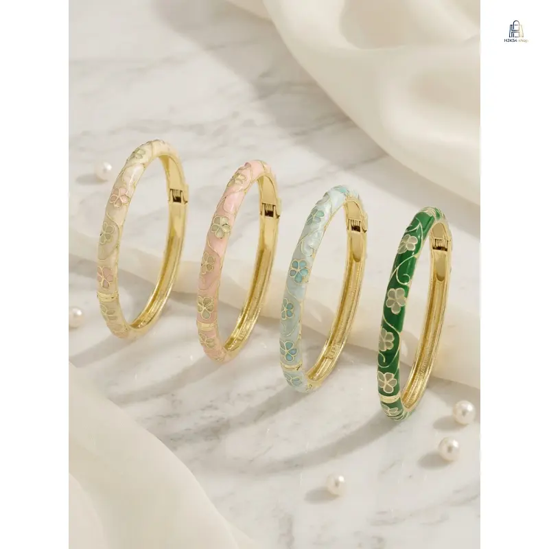 Women's Bracelets, Vintage Floral Motif Enamel Cuff Bangle, Adjustable Pastoral-Themed Wrist Ornament for Layered Effects, Pastoral-Themes, Open Adjustable Structure