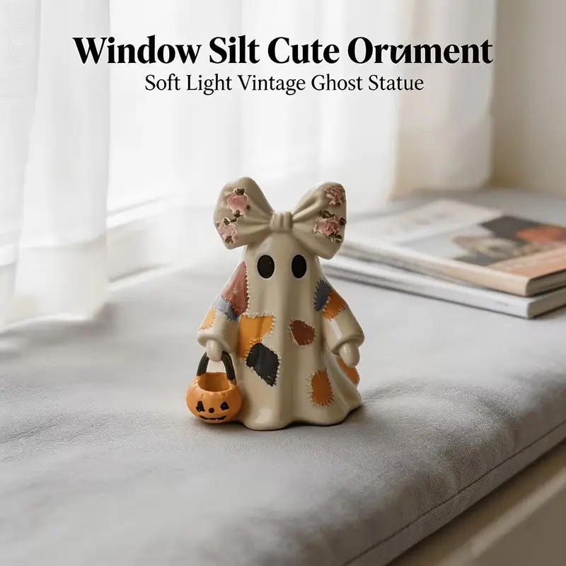 Cute Ghost Statue Pumpkin Basket, Handmade Resin Figurine Halloween Home Decor, Window Shelf Desktop Party Ornament, Festive Decoration, Kawaii Desktop Decoration