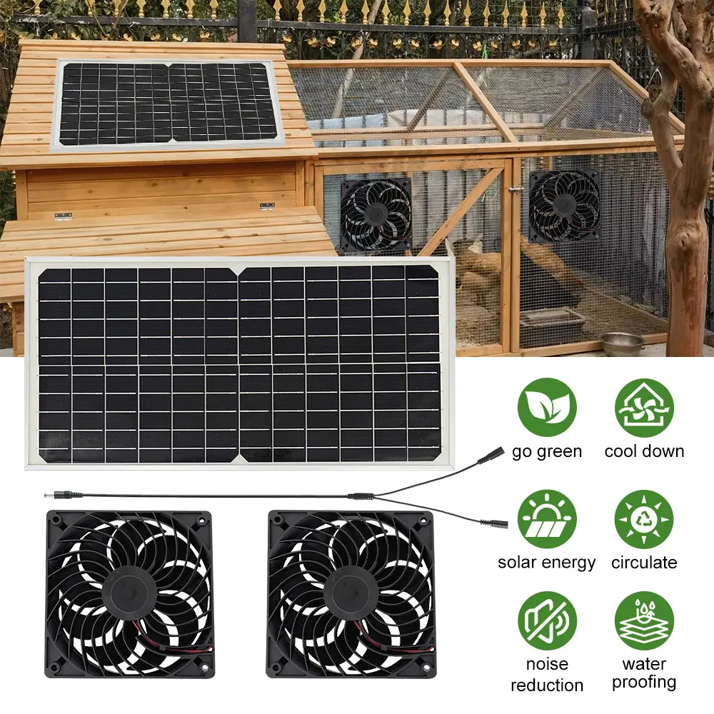Solar Powered Fan, Solar Fan for Shed, Chicken Coop, Greenhouse, Outside with Two 5In Fans Exhaust Intake Mounting Way and Installation Kits