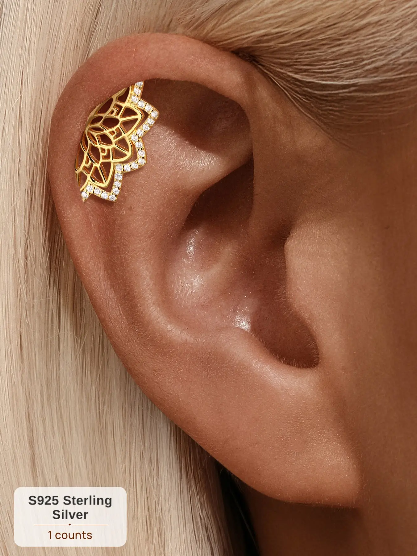 Single Piece 18K Gold Plated S925 Sterling Silver Lotus Flower Paved CZ Threaded Flat Back Cartilage Earring, Hypoallergenic, Non-Tarnish, Earrings For Sensitive Ears, Ideal for Daily Wear, Weddings, Parties, and Other Special Occasions