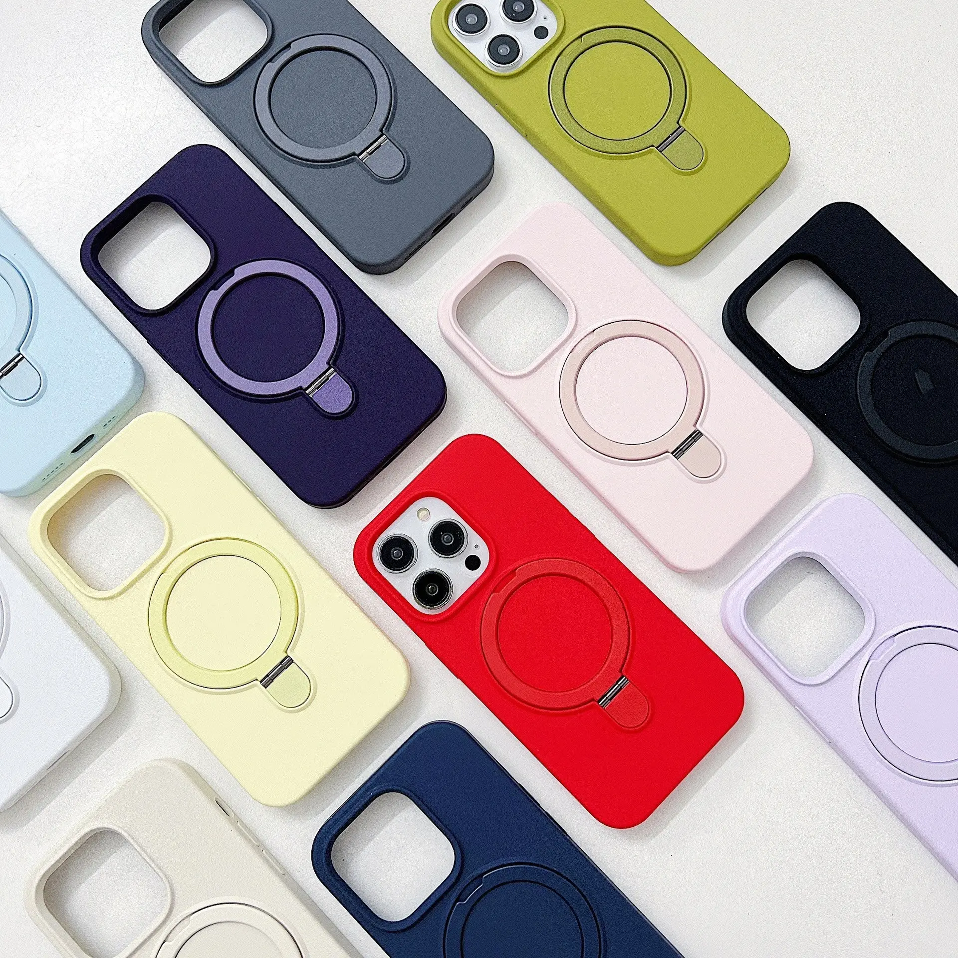Plain Liquid Silicone Magnetic Kickstand Phone Case - MagSafe Wireless Charge Compatible, Soft Protective Back Cover for iPhone Series (17, 15 Pro Max, 14), Smartphone, Handheld, Protector, Casing, Unisex