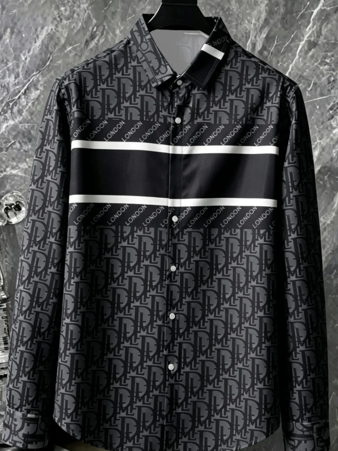 London Full Print Letter Men's Fashion Casual Long Sleeve Shirt, Striped Pattern, Fitted Style, Unlined Clothing Type