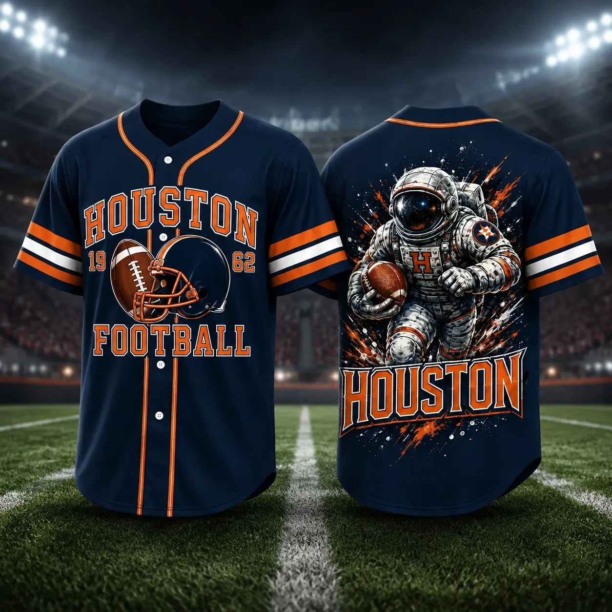 Houston Football-Inspired Jersey for Men Women, Navy Orange Button Down Baseball Style Shirt, Graphic Fan Game Day Top with Helmet, Football & Astronaut Back Print, Short Sleeve Sports Jersey for Tailgate, Streetwear, Gift