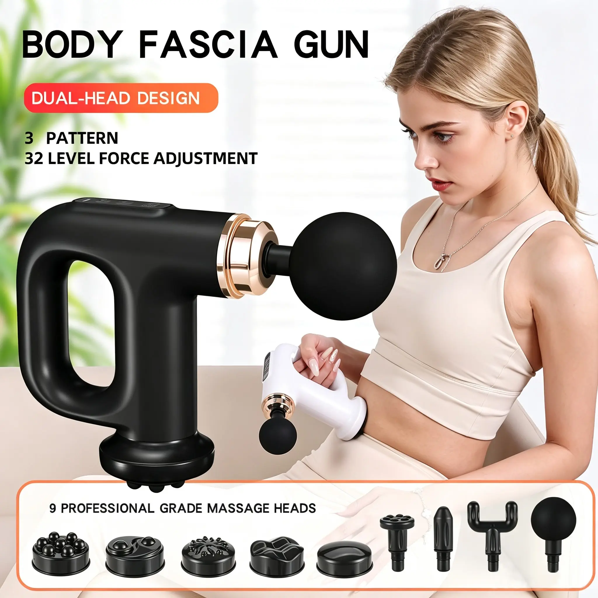 Massage Gun, Dual-Head Design, 3 Modes, 32 Levels of Adjustable Intensity, Ideal for Neck, Back, Legs, Shoulders, 9 Professional Massage Heads, Perfect Gift
