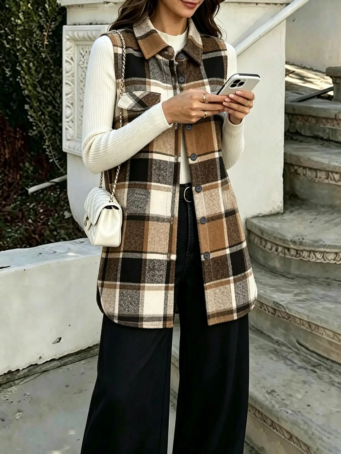 Autumn Winter New Casual Button Front Plaid Print Sleeveless Vest Jacket, Women's Fashion Outerwear, Comfortable and Stylish