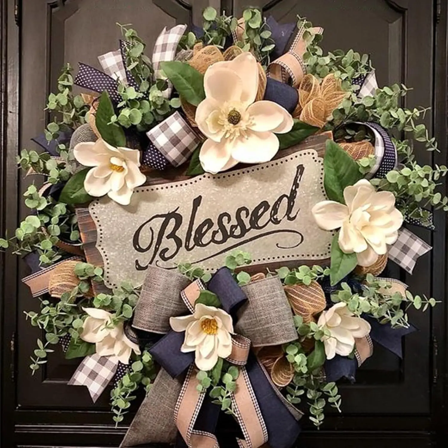 Modern White Floral Front Door Wreath with Leaves - Spring Summer Porch Hanger, Buffalo Style Year-Round Home Decor, Housewarming Gift, Leaf
