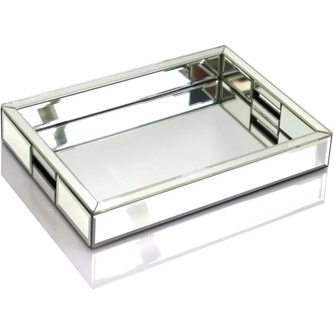 Rectangle Silver Mirror Decorative Tray Size 11” Length x 14” Width x 2” Height, Mirrored Vanity Organizer with Hand, Markup Perfume Jewelry Tray for Bathroom Bedroom Dresser Coffee Table