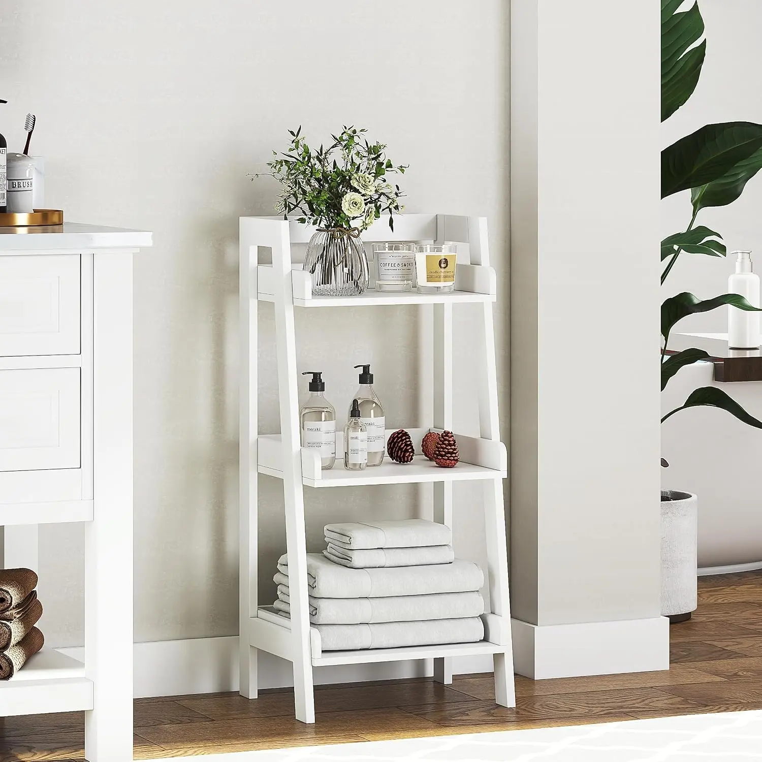 White 3-Tier Freestanding Bathroom Ladder Shelf - FSC-Certified Wood, 3 Fixed Shelves, Ladder Design, Anti-Tip Design, 14.75-Inch Width for Bathrooms, Toilet, Kitchen