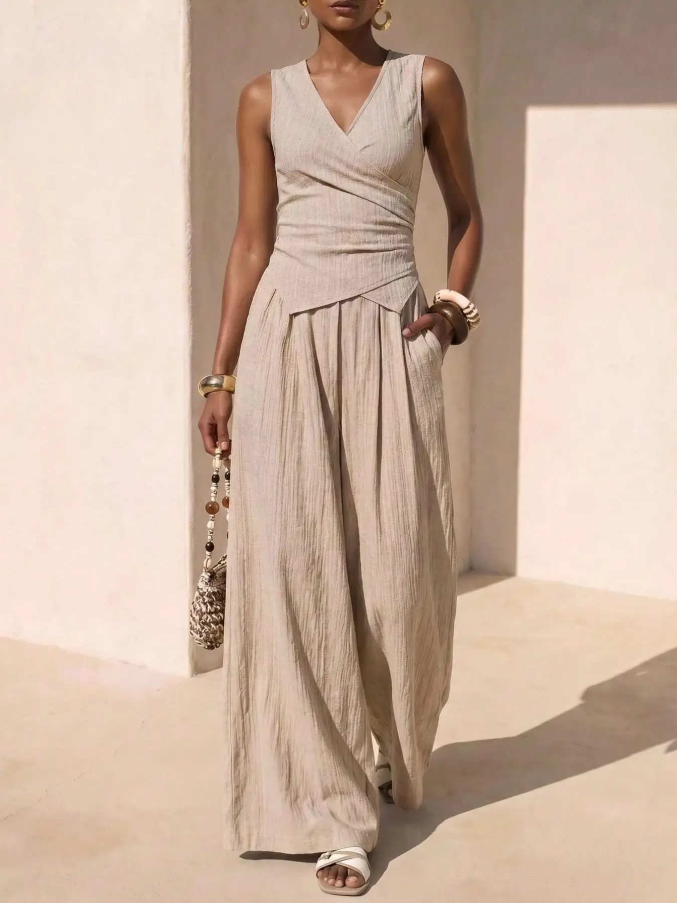 Women's French Pleated Set, V-Neck Cross Wrap Sleeveless Top, High Waist Wide Leg Pants, Two-Piece, Fashionable Ladies' Clothing