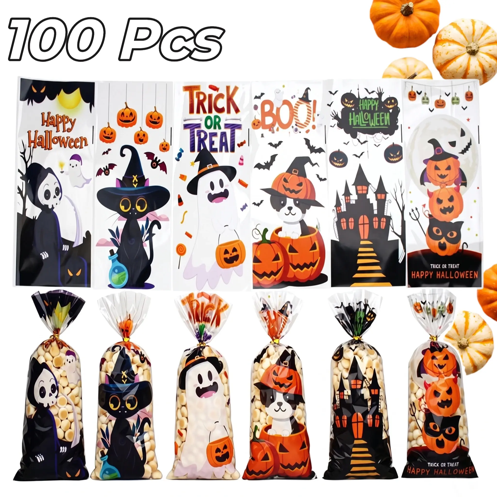 100 Pcs Halloween Candy Bags Trick or Treat Goodie Bags Reusable Party Favor Bags for Kids Halloween Treats Gifts Snacks Cookies-YY