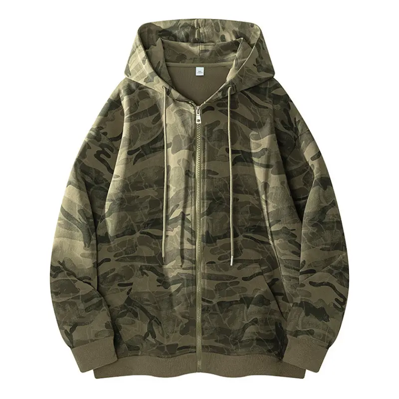 Men's Camouflage Full-Zip Loose Fit Hoodie - Menswear Casual Long Sleeve Streetwear Tops for Spring, Autumn Outdoor & Daily Wear