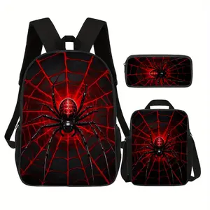 Red Spider Web 3pcs Backpack Set, 17inch Fashion Bookbag with Adjustable Straps, Crossbody Lunch Bag & Pencil Case, Ideal for Commuting, Travel, Weekend Getaways, or as a Festive Gift for Spider Theme Fans