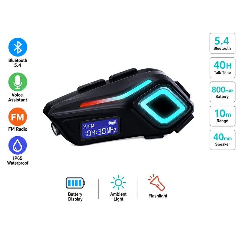 Motorcycle Helmet Speaker with Bluetooth 5.4, 40mm Speaker, FM Radio, Voice Assistant, Digital Display, Ambient Light and Rechargeable Battery