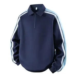Men's Quarter Zip Polo Neck Long Sleeve Top Contrast Striped Raglan Sleeves Ribbed Trims Athletic Pullover Sweatshirt For Daily Commute Outdoor Walking Casual Everyday Wear Spring Autumn Outfits