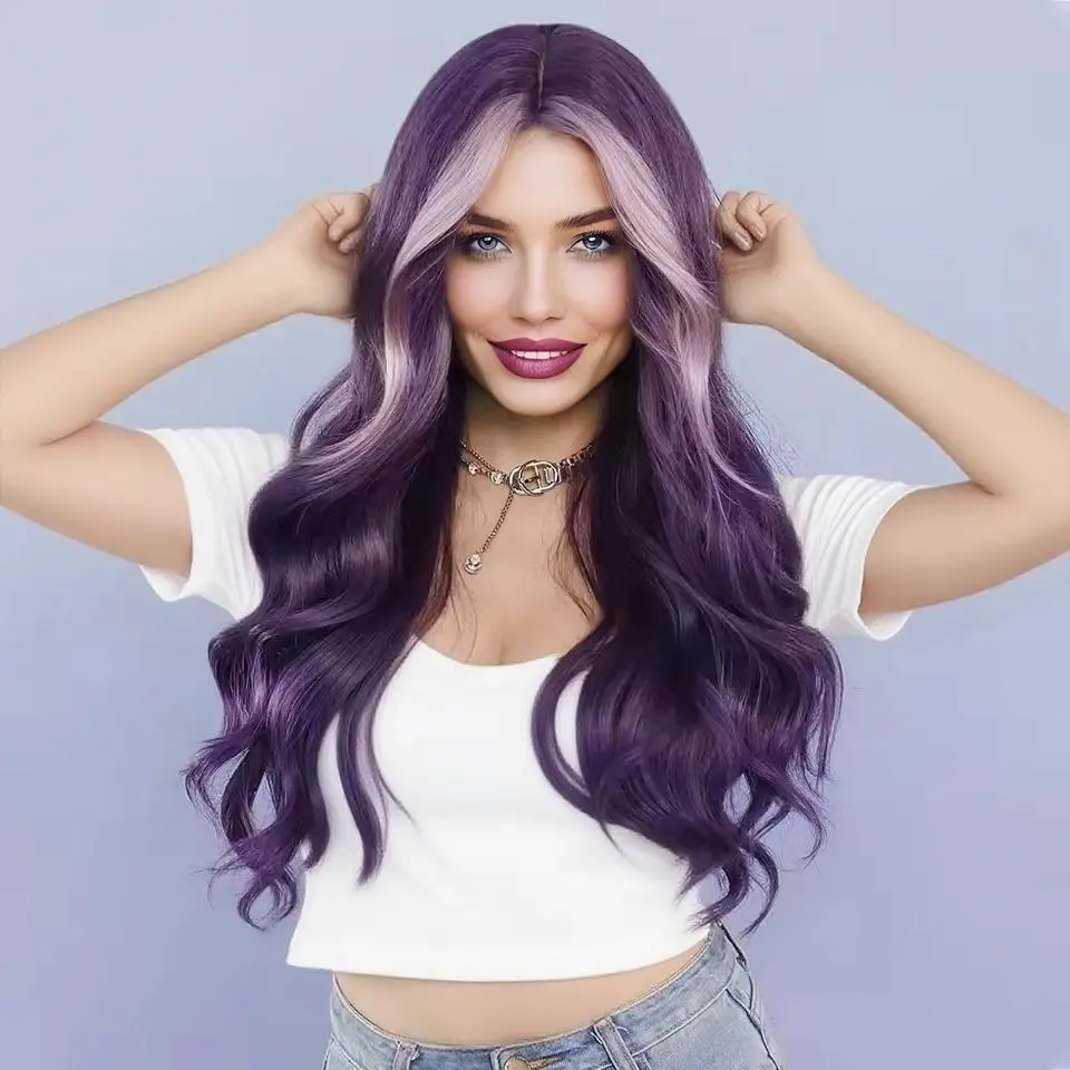 Long Lace Front Wavy Wig with Bangs, T Part Glueless Synthetic Wigs 26 Inch Layered Wigs for Women Daily Use purple Color