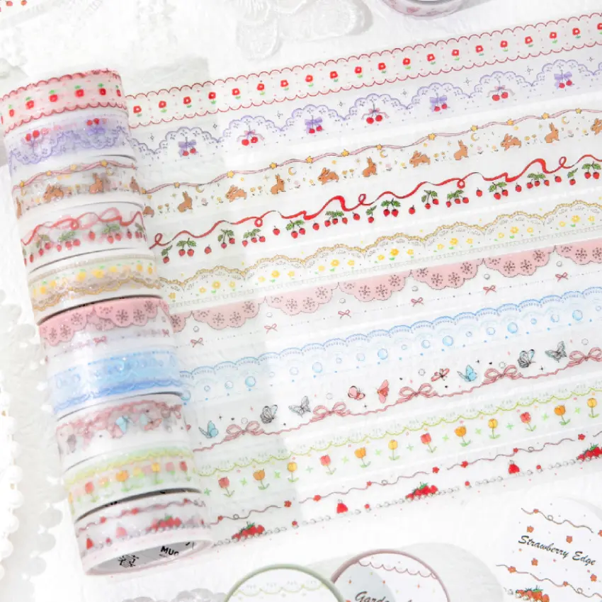 10 rolls simple brushed matte tape with patterns like strawberry, cherry, tulip, lace, flowers more. Various themed designs, simple fresh style, PET waterproof material, self adhesive, perfect DIY journaling scrapbook decoration note taking.