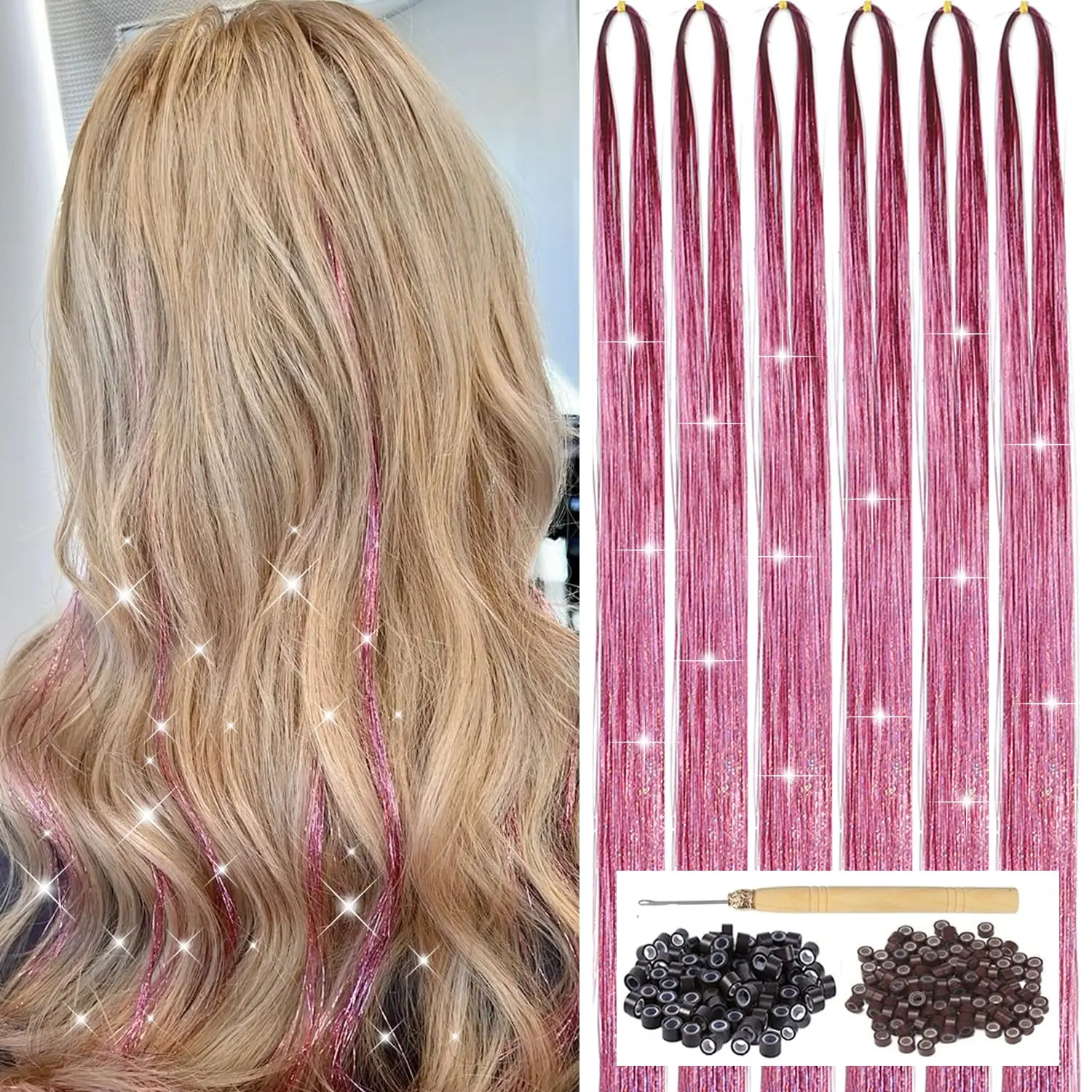 Hair Tinsel,  Hair Tinsel Kit for Girls, Glitter Tinsel Hair Extensions | 2400 Strands 47Inch Heat Resistant Sparkling Shiny Fairy Hair Accessories for Women