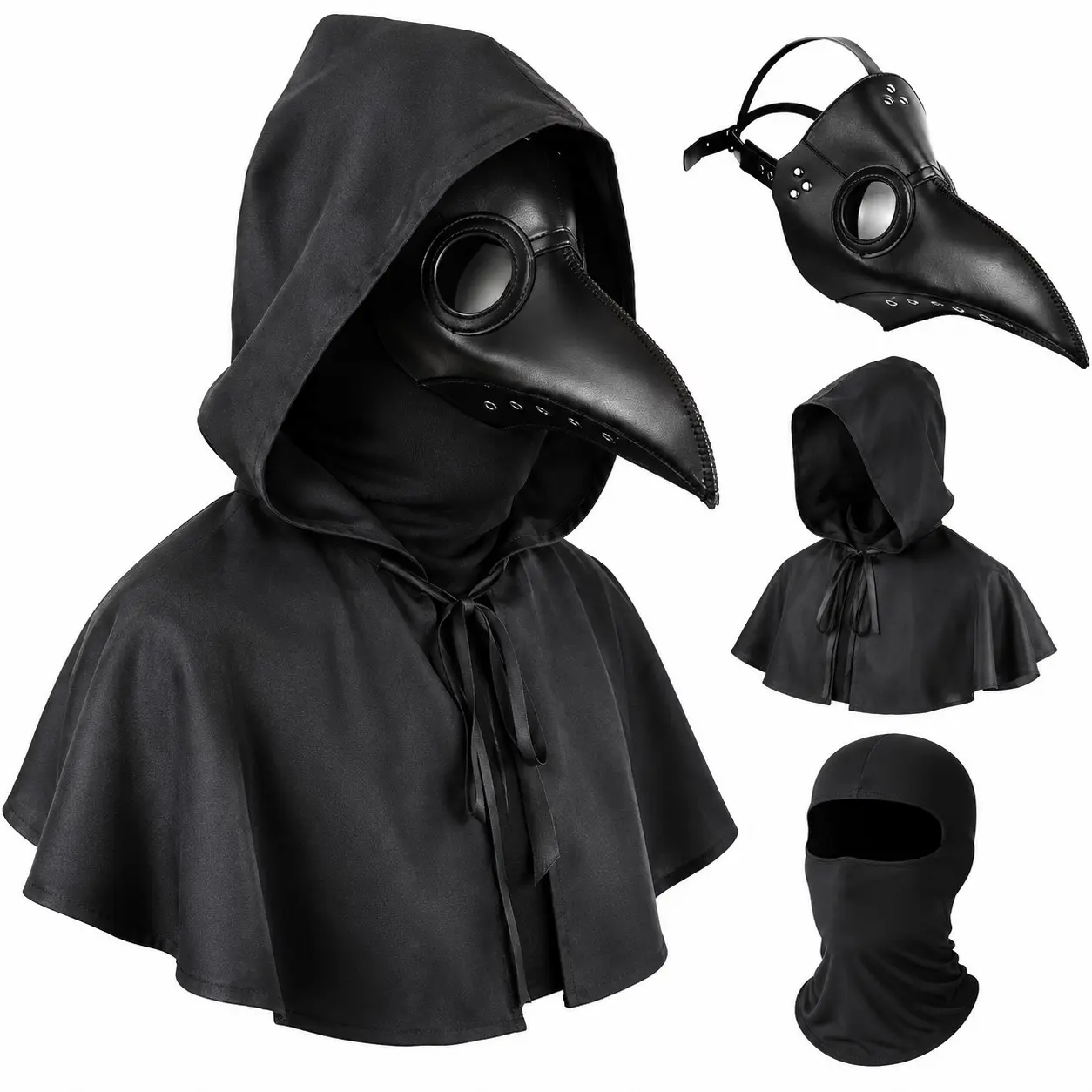 Halloween Plague Doctor Costume Set, Gothic Steampunk Bird Beak PU Leather Mask, Hooded Cloak, Perfect for Cosplayers, Horror Theme Parties