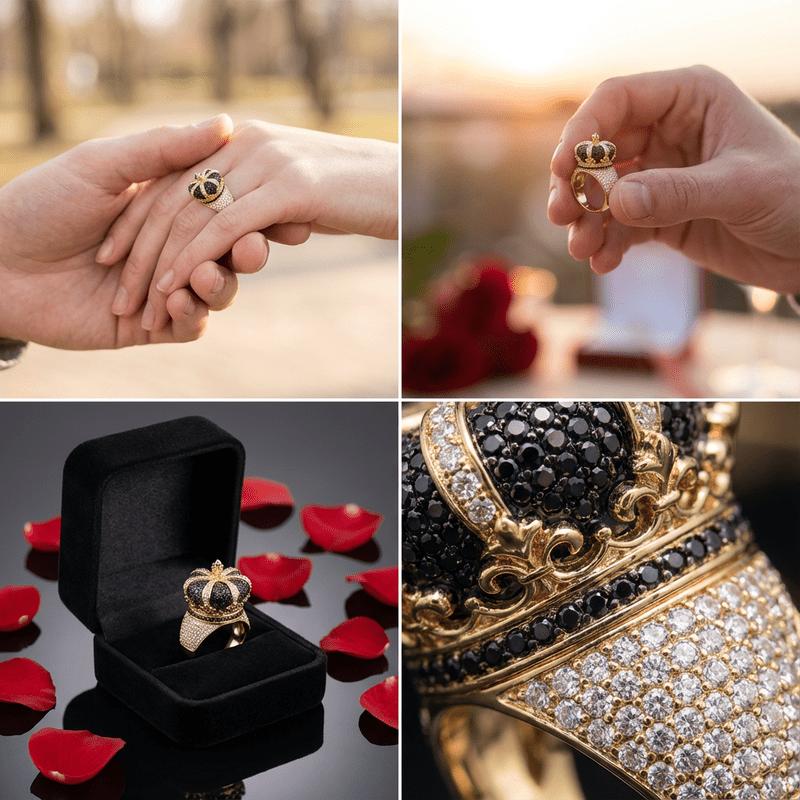 Ice Black and White Quartz Crown Ring |     18k gold plating, luxurious design paired with moissanite, platinum-plated, an ideal gift for stylish men on their birthday or for special occasions